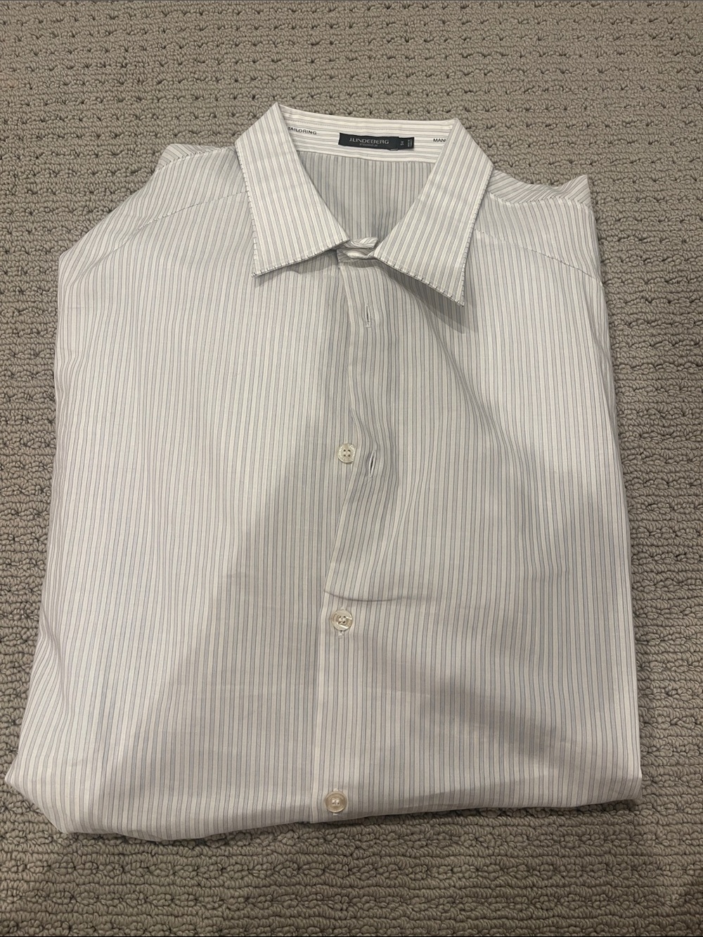 J.Lindeberg White Dress Shirt with Light Blue Pinstripes